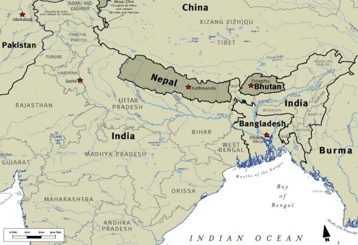 地図のブータンとネパールのチベット