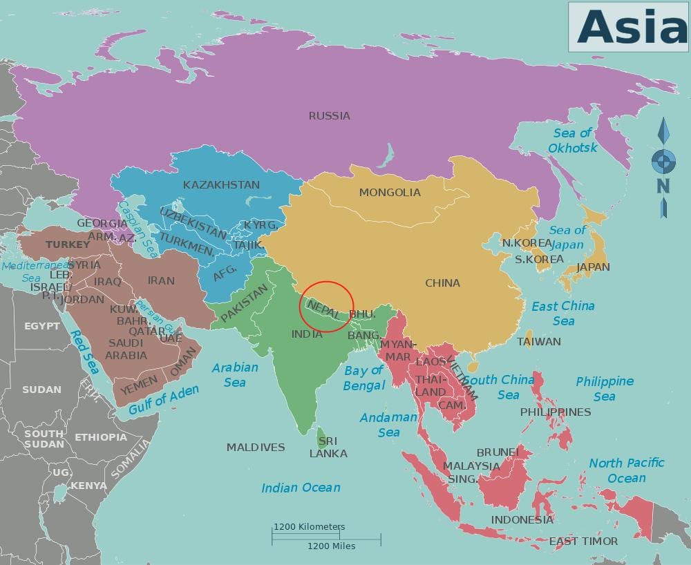 地図のネパール及び周辺国